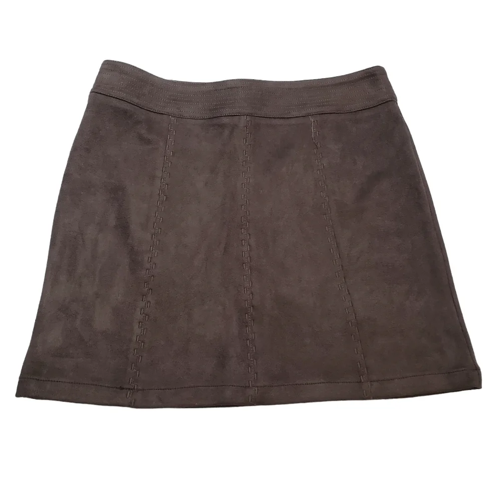 LOVE‎ Riche Mini Skirt Womens Small Charcoal Brown Microsuede Western Embroidery